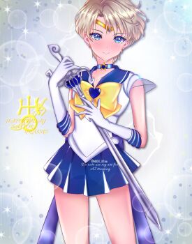 Rule 34 | 1girl, back bow, bishoujo senshi sailor moon, bishoujo senshi sailor moon stars, blonde hair, blue choker, blue eyes, blue sailor collar, blue skirt, blush, bow, brooch, choker, circlet, collarbone, erni 1232, gloves, heart, heart brooch, highres, jewelry, looking at viewer, miniskirt, sailor collar, sailor senshi, sailor senshi uniform, sailor uranus, short hair, skirt, solo, space sword, star (symbol), star choker, super sailor uranus, ten'ou haruka, uranus symbol, white gloves, yellow bow