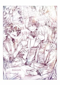 bandages boku_no_hero_academia book cup curly_hair ezariumi family freckles highres library midoriya_izuku multicolored_hair scar sitting smile teacup tododeku todoroki_fuyumi todoroki_shoto todoroki_touya two-tone_hair