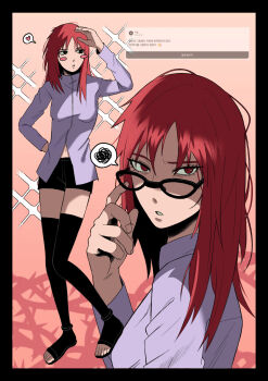 1girl absurdres black-framed_eyewear black_border black_shorts black_thighhighs border commentary_request fried_pidon glasses hand_on_own_hip heart highres karin_(naruto) korean_commentary long_hair long_sleeves looking_at_viewer multiple_views naruto_(series) naruto_shippuuden open_mouth purple_shirt red_eyes red_hair shirt shorts spoken_heart spoken_squiggle squiggle thighhighs