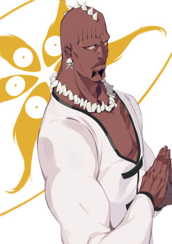 Rule 34 | 1boy, arrancar, bald, bleach, bone necklace, commentary request, dark-skinned male, dark skin, earrings, facial mark, highres, ibaraki shun, jewelry, long sleeves, looking at viewer, no eyebrows, own hands together, parted lips, pectoral cleavage, pectorals, shirt, skull and crossbones, skull earrings, solo, very dark skin, white shirt, yellow eyes, zommari rureaux