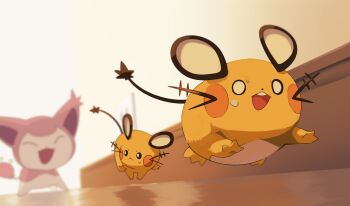 :< blurry blurry_background closed_mouth commentary_request dedenne fleeing from_below gen_3_pokemon gen_6_pokemon highres indoors kura_(shironagasu02) nintendo no_humans o_o open_mouth pokemon pokemon_(creature) pokemon_focus skitty sweatdrop