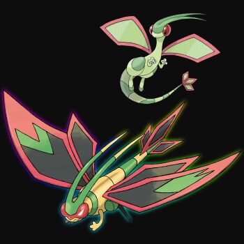 absurdres antennae armor assault_visor aura black_background chartias4rts cyborg flygon flying full_body gen_3_pokemon gold_armor green_wings highres mega_pokemon_(other) multiple_wings nintendo no_humans official_art_inset pokemon pokemon_(creature) pokemon_focus red_visor reference_inset wings