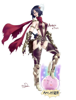 Rule 34 | 1girl, :3, armored boots, assassin cross (ragnarok online), black gloves, black hair, black leotard, black thighhighs, boots, breasts, character name, commentary request, elbow gloves, feather hair ornament, feathers, fingerless gloves, full body, glasses, gloves, hair ornament, heaven condition, high heel boots, high heels, highres, leotard, lips, looking at viewer, medium breasts, navel, open mouth, owju (ouju), poring, ragnarok online, red-framed eyewear, red scarf, revealing clothes, scarf, short hair, signature, simple background, slime (creature), smile, solo, stepped on, thighhighs, torn clothes, torn scarf, vambraces, white background