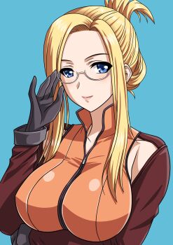 1girl absurdres blonde_hair blue_eyes breasts closed_mouth commentary final_fantasy final_fantasy_viii gloves highres large_breasts lips long_hair looking_at_viewer quistis_trepe simple_background smile solo yuuyuu_(3jjbn)