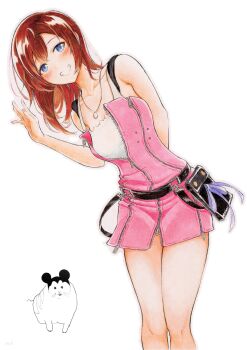 1girl blue_eyes closed_mouth dress highres jewelry kairi_(kingdom_hearts) kingdom_hearts kingdom_hearts_ii looking_at_viewer medium_hair mickey_mouse necklace red_hair simple_background skirt sleeveless smile solo stubox15 white_background zipper_dress