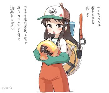 1girl absurdres baseball_cap blush bow brown_eyes brown_hair cosplay gloves golden_egg_(splatoon) hair_bow hat highres holding idolmaster idolmaster_cinderella_girls lifebuoy long_hair looking_at_viewer nendo23 nintendo open_mouth orange_overalls overalls rubber_gloves salmon_run_(splatoon) solo splatoon_(series) swim_ring tachibana_arisu white_background