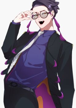 1boy :d absurdres adjusting_eyewear belt black-framed_eyewear black_coat black_hair black_pants coat collared_shirt commentary_request corbeau_(pokemon) hand_up highres iwnm0313 male_focus necktie nintendo open_clothes open_coat open_mouth pants pokemon pokemon_legends:_z-a round_eyewear shirt short_hair simple_background smile solo sunglasses teeth upper_teeth_only yellow_eyes