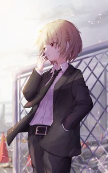 1girl belt black_belt black_necktie black_pants black_suit blonde_hair chocolate_cigarette cigarette cloud cloudy_sky collared_shirt commentary cowboy_shot day formal_clothes hair_between_eyes hair_ornament hairclip hand_in_pocket hand_up heaven_burns_red highres holding holding_cigarette kayamori_ruka long_sleeves looking_to_the_side necktie outdoors pants parallel_hairclips railing red_eyes shaketamago shirt short_hair sidelighting sky solo suit white_shirt