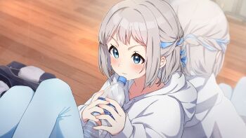 1girl absurdres against_mirror blue_eyes blue_ribbon blush bottle braid closed_mouth commentary_request gakuen_idolmaster grey_hair hair_ribbon half_up_braid highres holding holding_bottle hood hood_down hoodie idolmaster indoors katsuragi_lilja kirizuki_reika knees_up long_sleeves mirror ribbon ribbon_braid short_hair sidelocks sitting solo sweat v-shaped_eyebrows white_hoodie wooden_floor