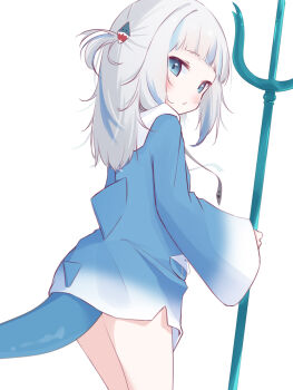 Rule 34 | 1girl, blue eyes, blue hair, blue hoodie, capuchi (111cappuccino), fins, fish tail, gawr gura, gawr gura (1st costume), grey hair, hair ornament, highres, hololive, hololive english, hood, hoodie, looking at viewer, multicolored hair, polearm, shark tail, solo, streaked hair, tail, trident, virtual youtuber, weapon, white background