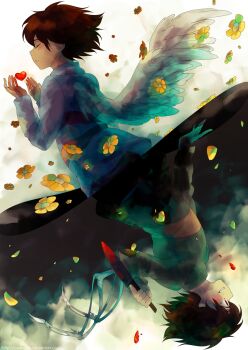 androgynous angel_wings blood bloody_knife bloody_weapon brown_hair carlinette chara_(undertale) closed_eyes evil_smile flower frisk_(undertale) gender_request heart highres knife long_sleeves parted_lips petals red_eyes reflected_worlds shirt smile split_screen spoilers striped_clothes striped_shirt striped_sweater sweater undertale utdr_(toby_fox) watermark weapon web_address wings