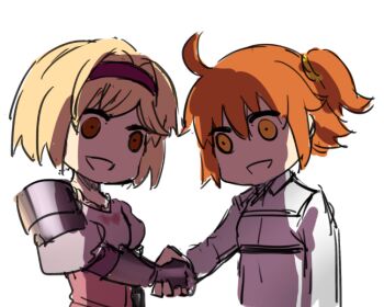 10s 2girls ahoge bad_id bad_pixiv_id bob_cut brown_eyes chibi club3 djeeta_(granblue_fantasy) empty_eyes fate/grand_order fate_(series) fighter_(granblue_fantasy) fujimaru_ritsuka_(female) gauntlets granblue_fantasy hairband handshake juliet_sleeves long_sleeves multiple_girls one_side_up orange_eyes puffy_sleeves riyo_(lyomsnpmp)_(style) shaded_face simple_background upper_body white_background