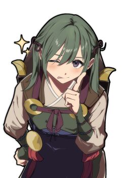 1girl ;p bridal_gauntlets commentary_request fire_emblem fire_emblem_fates from_above green_bridal_gauntlets green_hair highres index_finger_raised japanese_clothes looking_up midori_(fire_emblem) nintendo one_eye_closed purple_eyes saki_ttx simple_background smile solo sparkle standing tongue tongue_out twintails white_background