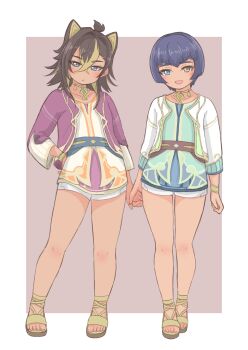 2girls :/ absurdres blonde_hair blue_eyes blue_hair bracelet brown_hair candace_(genshin_impact) casual commentary_request dark-skinned_female dark_skin dehya_(genshin_impact) genshin_impact gold_choker green_shirt hair_between_eyes hair_intakes hand_on_own_hip heterochromia highres holding_hands jacket jewelry multicolored_hair multiple_girls necklace noe_aoikaba open_mouth purple_jacket sandals shirt short_hair short_shorts shorts smile streaked_hair two-tone_hair white_jacket white_shorts wristband yellow_eyes