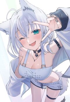 1girl 39m27 ;d absurdres ahoge animal_ear_piercing animal_ears aqua_eyes arm_strap arm_up black_choker braid choker commentary_request crop_top double-parted_bangs fox_ears fox_girl fox_tail hair_between_eyes highres hololive jacket jacket_partially_removed jewelry long_hair looking_at_viewer necklace o-ring o-ring_choker official_alternate_costume one_eye_closed open_mouth shirakami_fubuki short_shorts shorts side_braid simple_background single_braid single_sleeve_past_fingers single_sleeve_past_wrist smile solo tail thigh_strap v v_over_eye virtual_youtuber white_background white_hair white_jacket white_shorts