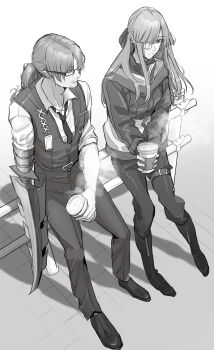 1boy 1girl absurdres arthropod_limbs belt boots bow breast_pocket breasts buckle closed_eyes closed_mouth closed_umbrella coffee collarbone collared_shirt cup disposable_cup eyepatch facial_hair fingernails formal_clothes from_above from_side full_body glasses gregor_(project_moon) greyscale hair_between_eyes hair_bow hair_ribbon half-closed_eyes highres holding holding_cup id_card jacket limbus_company long_hair long_sleeves looking_at_another looking_down looking_to_the_side low_ponytail male_focus medical_eyepatch monochrome mug name_tag necktie one_eye_covered pants pants_tucked_in parted_bangs pocket ponytail pouch project_moon ribbon semi-rimless_eyewear shadow shirt sidelocks simple_background sitting sleeves_rolled_up steam steaming_cup straight_hair stubble suit thigh_strap tile_floor tiles turtleneck turtleneck_shirt uibou00000 umbrella under-rim_eyewear vest white_background work_boots yuri_(project_moon) zipper