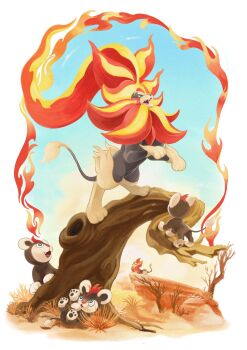 animal_focus blawn_z blue_eyes blue_sky brown_eyes evolutionary_line fangs fire gen_6_pokemon highres lion litleo mega_pokemon mega_pyroar nintendo open_mouth pokemon pokemon_(creature) pokemon_focus pyroar sky tail tree