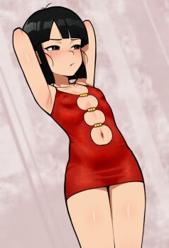 1girl alternate_costume armpits arms_behind_head arms_up black_eyes black_hair closed_mouth clothing_cutout covered_erect_nipples cowboy_shot dragon_ball dragon_ball_gt dress female_focus highres legs_together loli loodncrood looking_to_the_side navel navel_cutout pan_(dragon_ball) pout red_dress short_dress short_hair sidelocks sleeveless sleeveless_dress solo thighs