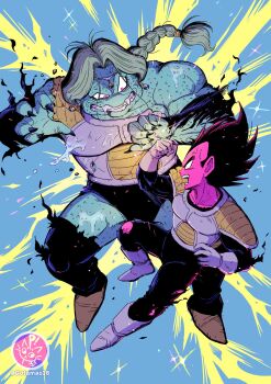 Rule 34 | 2boys, aqua skin, battle, black bodysuit, black hair, blue background, bodysuit, boots, colored skin, commentary request, dragon ball, dragonball z, fangs, full body, gloves, green hair, highres, male focus, multiple boys, no eyebrows, norita (6110885), purple eyes, saiyan armor, spiked hair, torn bodysuit, torn clothes, vegeta, white boots, white gloves, zarbon