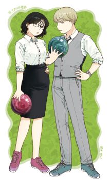 Rule 34 | 1boy, 1girl, ball, black hair, black pants, blonde hair, bow, bowling, collared shirt, commentary request, full body, glasses, highres, holding, holding ball, original, pants, shirt, shoes, short hair, skirt, sleeves rolled up, sneakers, standing, white shirt, yumoto suzu