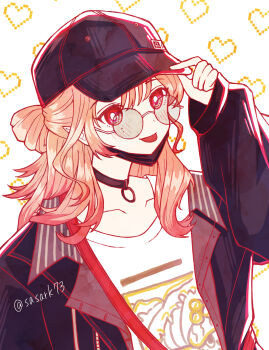 1girl :p arknights black_choker black_hat black_jacket blush bright_pupils brown_hair choker closed_mouth glasses gradient_hair haruka_(arknights) haruka_(casual)_(arknights) hat hat_tip heart heart_background highres jacket long_hair looking_at_viewer mask mouth_mask multicolored_hair official_alternate_costume open_clothes open_jacket peaked_cap pink_hair pixel_heart red_eyes round_eyewear sasark73_(namida) shirt single_sleeve_past_wrist smile solo t-shirt tongue tongue_out twitter_username upper_body watermark white_background white_pupils white_shirt