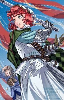 Rule 34 | 2girls, :o, ball, baseball (object), baseball glove, belt, blue background, blue eyes, blue jacket, blue shirt, cape, closed mouth, club (weapon), commentary request, gauntlets, green cape, grey eyes, grey hair, hair ornament, hand up, hat, highres, holding, holding club, holding weapon, i (220 i 284), jacket, looking to the side, marsha (reverse:1999), military uniform, multiple girls, open mouth, red hair, reverse:1999, sam browne belt, sentinel (reverse:1999), shirt, short hair, skirt, smile, solo focus, upper body, watermark, weapon, white hat, white skirt