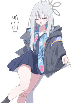 :d absurdres aikawa_yuduki armband bandaid bandaid_on_knee bandaid_on_leg black_socks blue_archive blue_necktie blue_shirt blue_skirt choppy_bangs commentary floral_print_shirt grey_eyes grey_hair grey_halo grey_jacket hair_between_eyes halo hawaiian_shirt highres jacket konoka_(blue_archive) leaning_back long_hair long_sleeves mask mask_pull mouth_mask necktie one_eye_closed open_clothes open_jacket open_mouth pleated_skirt purple_armband shirt simple_background skirt smile socks speech_bubble surgical_mask v white_background white_mask