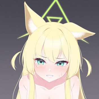 1girl :d animal_ear_fluff animal_ears bare_shoulders blonde_hair blue_archive blush collarbone commentary english_commentary eyelashes film_grain fox_ears fox_girl green_eyes green_halo grey_background grin hair_between_eyes hair_intakes halo heart heart_in_eye highres kurumi_(blue_archive) long_hair looking_at_viewer madoka_(user_zrnk8278) open_mouth portrait sidelocks simple_background smile solo straight_hair sweatdrop symbol_in_eye tsurime two_side_up v-shaped_eyebrows watermark