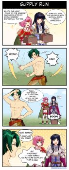 1boy 2girls 4koma absurdres armor astrid_(fire_emblem) black_hair blush box breastplate cape closed_eyes comic dropping fire_emblem fire_emblem:_radiant_dawn flustered green_hair highres holding holding_box long_hair marcia_(fire_emblem) multiple_girls nintendo open_mouth pink_hair pomme_(lazzledazzle) purple_cape short_hair sothe_(fire_emblem) topless_male