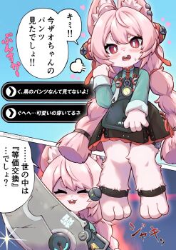 1girl ^_^ animal_ear_fluff animal_ear_piercing animal_ears animal_feet animal_hands animal_nose black_dress blue_shirt blush body_fur braid braided_twintails closed_eyes commentary_request dress furry furry_female hair_ornament heart highres long_hair long_sleeves multiple_views open_mouth pinafore_dress pink_fur pink_hair piporinton rabbit_ears rabbit_girl rabbit_tail red_eyes shirt sleeveless sleeveless_dress speech_bubble sphere_hair_ornament tail thick_eyebrows translation_request twin_braids very_long_hair zenless_zone_zero zhao_(zenless_zone_zero)