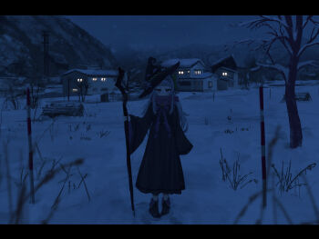 1girl absurdres arched_bangs blunt_bangs boots bow brooch commentary_request grey_hair hair_ornament hat highres holding holding_staff hololive jewelry ky00 long_hair long_sleeves looking_at_viewer mountain murasaki_shion night robe scarf snowing solo staff star_brooch town virtual_youtuber witch_hat yellow_eyes