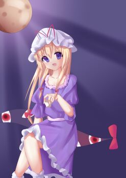 1girl 2000s_(style) :d absurdres blonde_hair bow collarbone cup dress frilled_dress frills gap_(touhou) hair_between_eyes hair_bow hand_rest hat hat_ribbon highres holding holding_cup juliet_sleeves long_hair long_sleeves looking_at_viewer mob_cap moon multiple_hair_bows open_mouth puffy_sleeves purple_background purple_dress purple_eyes red_bow red_ribbon ribbon sash sitting smile socks solo spica0831mint touhou white_hat white_sash white_socks yakumo_yukari