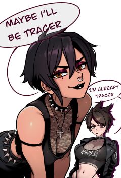 2girls absurdres black_choker black_hair black_jacket black_lips black_pants black_shirt breasts brown_eyes choker collarbone crop_top cropped_jacket cross dispatch english_text eyeliner face_piercing fashion goth_fashion gothic_punk highres invisigal jacket large_breasts makeup multiple_girls nose_piercing overwatch pants piercing punk redpostit shirt short_hair smile speech_bubble tracer_(overwatch) white_background