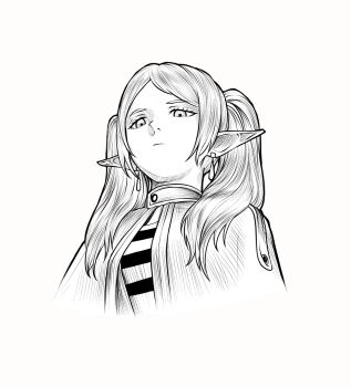 1girl closed_mouth cropped_torso earrings elf expressionless frieren greyscale hair_over_shoulder hatching_(texture) highres jewelry linear_hatching long_hair long_pointy_ears looking_at_viewer marvin_(omarvin) meme monochrome pointy_ears simple_background solo sousou_no_frieren teardrop_earrings twintails upward_angle_frieren_drawing_(meme) white_background