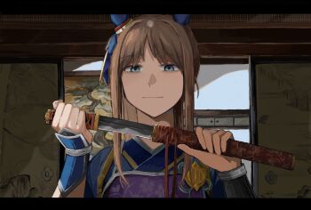 1girl animal_ears armor blue_bow blue_eyes blue_kimono bow brown_hair closed_mouth ear_covers fusuma grass_wonder_(honor_of_the_blue_flame)_(umamusume) grass_wonder_(umamusume) hair_bow hair_ornament holding holding_sheath holding_sword holding_weapon horse_ears horse_girl japanese_armor japanese_clothes kimono letterboxed light_smile looking_at_viewer motodanagazane official_alternate_costume parted_bangs samurai sheath short_sword sidelocks sliding_doors solo sword tantou umamusume unsheathing weapon wrist_guards