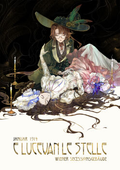 2girls brown_eyes brown_hair candle candlestand commentary dress eyewear_strap glasses gloves green_hat hair_spread_out hat hat_feather highres iroiise isolde_(reverse:1999) kakania_(reverse:1999) looking_at_another lying multiple_girls neck_ribbon on_back picture_hat red_ribbon reverse:1999 ribbon round_eyewear semi-rimless_eyewear timestamp under-rim_eyewear wavy_hair white_gloves white_hat wide_brim