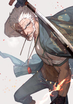 Rule 34 | 1boy, beard, black gloves, blue eyes, concealed weapon, embers, facial hair, fate/grand order, fate (series), gloves, highres, holding, holding sword, holding weapon, lack, male focus, mouth hold, nagakura shinpachi (fate), nagakura shinpachi (first ascension) (fate), omamori, scar, scar on face, stalk in mouth, sword, sword cane, weapon, white hair