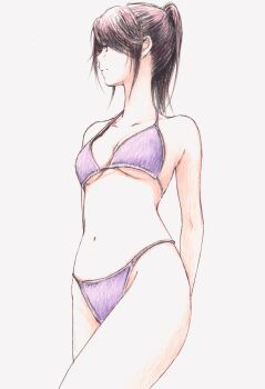 Rule 34 | 1girl, absurdres, arms behind back, bbmasa, black hair, bra, breasts, closed mouth, collarbone, commentary request, gradient background, grey background, hibike! euphonium, high ponytail, highres, kasaki nozomi, liz to aoi tori, looking to the side, medium breasts, navel, panties, ponytail, profile, purple bra, purple panties, solo, standing, string bra, string panties, thighs, traditional media, underwear, underwear only