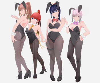 4girls a_(c3einycggcevevf) absurdres animal_ears asukagawa_chise black_hair black_leotard black_shoes blue_eyes bow breasts brown_hair commentary detached_collar fake_animal_ears fishnet_pantyhose fishnets full_body green_eyes gridman_universe gridman_universe_(movie) highleg highleg_leotard highres large_breasts leotard long_hair looking_at_viewer minami_yume multiple_girls one_eye_closed pantyhose playboy_bunny ponytail purple_bow purple_hair rabbit_ears red_bow red_eyes red_hair shinjou_akane shoes short_hair simple_background smile ssss.dynazenon ssss.gridman strapless strapless_leotard takarada_rikka white_background