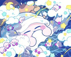 Rule 34 | :o, alarm clock, blue eyes, blue hat, blush stickers, climbing, clock, clone, closed eyes, closed mouth, cloud, colored skin, commentary request, copy ability, crescent moon, harukui, hat, highres, holding, holding hands, holding star, kirby, kirby (series), ladder, moon, nightcap, nintendo, no humans, on bed, one eye closed, pillow, pink skin, red footwear, shoes, sleep kirby, sleeping, smile, star-shaped pillow, star (symbol), star print, under covers