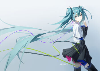 1girl absurdly_long_hair absurdres black_skirt black_sleeves black_thighhighs blue_eyes blue_hair blush closed_mouth detached_sleeves hatsune_miku headphones highres hxbdzj long_hair long_sleeves looking_at_viewer pleated_skirt shirt short_sleeves sidelocks skirt solo t-shirt thighhighs very_long_hair vocaloid white_shirt