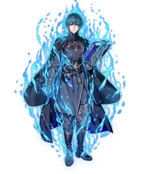 1boy armor aura belt black_armor black_belt black_boots black_cape black_gloves black_pants blue_aura blue_eyes blue_hair book boots cape closed_mouth commentary dagger emblem_(fire_emblem_engage) english_commentary fire_emblem fire_emblem:_three_houses fire_emblem_heroes fujisaka_kimihiko full_body gloves holding holding_book knife long_sleeves looking_at_viewer male_byleth_(fire_emblem) male_focus nintendo official_art pants sheath sheathed short_hair simple_background solo third-party_source weapon white_background