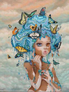 1girl breasts bug butterfly camilla_d&#039;errico cloud cloudy_sky dark-skinned_female dark_skin dripping eyelashes heterochromia highres insect keyhole_lips lips nose nude orange_eyes original sky solo surreal thick_lips upper_body vitiligo