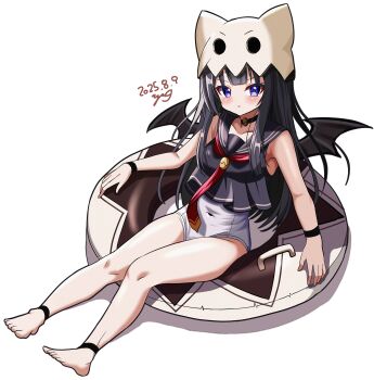 1girl absurdres anklet artist_name bare_shoulders bat_wings black_hair black_wings blue_eyes dated eggshell_hat emil_chronicle_online hat highres innertube jewelry legband long_hair necktie nidoegg_alma on_innertube one-piece_swimsuit red_necktie red_ribbon ribbon sailor_collar signature solo swim_ring swimsuit white_background white_hat white_one-piece_swimsuit wings wristband yanapy