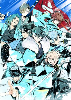 1girl 6+boys ahoge black_hair black_scarf blonde_hair blue_eyes blue_haori braid brown_hair fate/grand_order fate_(series) flag forehead_protector grey_eyes grey_hair grin hair_over_one_eye haori harada_sanosuke_(fate) highres hijikata_toshizou_(fate) holding holding_polearm holding_sword holding_weapon japanese_clothes katana kondou_isami_(fate) kuriimu0203 multiple_boys okita_souji_(fate) okita_souji_(teal_haori_and_hakama)_(fate) polearm ponytail saitou_hajime_(fate) saitou_hajime_(third_ascension)_(fate) scar scar_on_face scar_on_forehead scarf shinsengumi shinsengumi_(fate) smile sword toudou_heisuke_(fate) weapon yamanami_keisuke_(fate) yamanami_keisuke_(third_ascension)_(fate) yellow_eyes