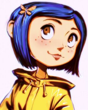 1girl blue_hair bob_cut brown_eyes close-up closed_mouth commentary coraline coraline_jones dragonfly_hair_ornament english_commentary freckles highres ilya_kuvshinov jacket light_smile pink_lips portrait raincoat short_hair smile smirk solo turning_head upturned_eyes white_background yellow_jacket yellow_raincoat