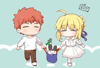 :3 ahoge artist_self-insert artoria_pendragon_(fate) blonde_hair bow braid brown_pants bun_with_braided_base daikon emiya_shirou fate/stay_night fate_(series) hair_bow hair_bun hood hoodie orange_hair pants radish saber_(fate) seal_impression sidelocks skirt spring_onion tsuchiya_madose white_hoodie white_skirt