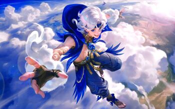 1boy blue_eyes blue_jacket blue_pants full_body jacket male_focus medium_hair mobile_legends:_bang_bang pants sky sora_(mobile_legends:_bang_bang) white_hair