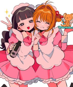 +_+ 2girls :d ^_^ alternate_costume antenna_hair apron black_eyes black_hair blunt_bangs camcorder camera cardcaptor_sakura child closed_eyes commentary cowboy_shot daidouji_tomoyo dress enmaided facing_viewer food fork frilled_dress frills fruit grin hair_bobbles hair_intakes hair_ornament hand_up holding holding_camera juliet_sleeves kero_(cardcaptor_sakura) kinomoto_sakura long_hair long_sleeves looking_at_viewer maid maid_headdress multiple_girls open_mouth orange_hair pink_dress puffy_sleeves sanamaru_(sana79261827) short_hair simple_background smile sparkle strawberry symbol-only_commentary two_side_up v video_camera white_apron white_background