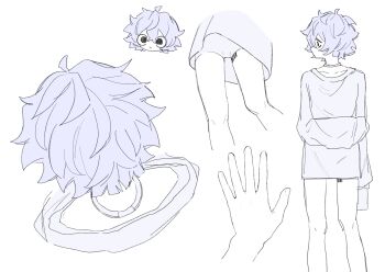 1other absurdres bad_source barcode barcode_tattoo black_eyes blue_hair chibi chibi_inset choker collarbone feet_out_of_frame flat_color from_above from_below highres indie_virtual_youtuber leg_tattoo messy_hair multiple_views nape no_jacket official_art oversized_clothes shirt short_hair shorts sketch sleeves_past_fingers sleeves_past_wrists smile solid_circle_pupils tattoo white_shirt white_shorts yukue_fumei